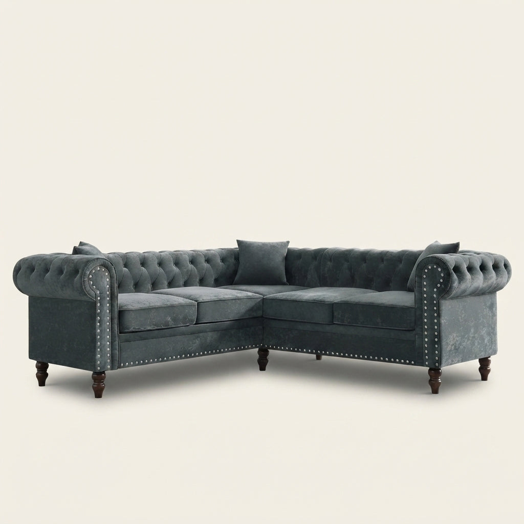 Chesterfield Sofa - 5 Seater Corner - Grey